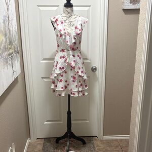 Floral Ruffle V-Neck Summer Dress - White with Pink Roses